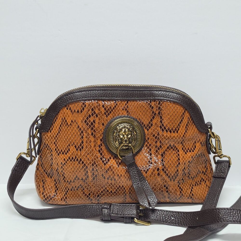 Sharif Lion Door Knocker Accent Snakeskin Embossed Leather Crossbody Bag Orange